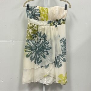 Y2K BCBG Paris Silk Floral Strapless Dress Sequin Empire Waist Green Cream Sz 2